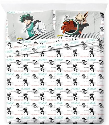 Jay Franco My Hero Academia - Juego de sábanas de tamaño matrimonial, juego de ropa de cama de 4 piezas para niños, sábanas de microfibra de anime que incluye fundas de almohada reversibles