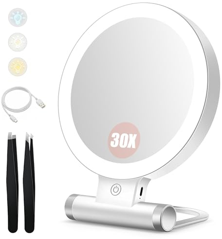 B Beauty Planet Kosmetikspiegel mit Beleuchtung, 30 fache/1-fach Doppelseitige Tischspiegel,3 Farblichter, DimmbarerSchminkspiegel,Reisen Kosmetik Spiegel mit Beleuchtung(Weiß 30x Kosmetikspiegel)