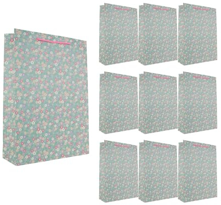 Idena 90231 - Geschenktüten Blumen, 10 Stück, Geschenktaschen in der Größe 18 x 23 x 8 cm, grüne Papiertüten mit bunten Blumen