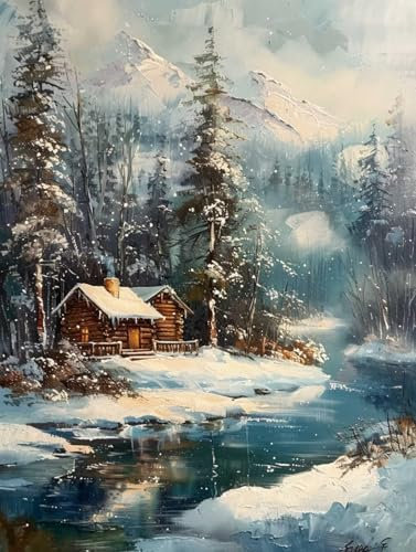 AYAOYANGGO 11CT Kreuzstich Set Stickset Schneehütte，Winterlandschaft，Kreuzstich-Set Für Erwachsene Mit Nadeln，Schereneinfädler，Vordruck Für Die Wanddekoration Zu Hause 40x50cm