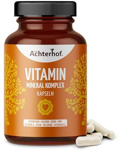 Vitamin Mineral Komplex 150 Kapseln | 8 essenzielle Vitamine und Mineralie | mit Vitaminen A, B12, Folsäure, Eisen, Zink, Magnesium, Calcium und Selen | vom Achterhof