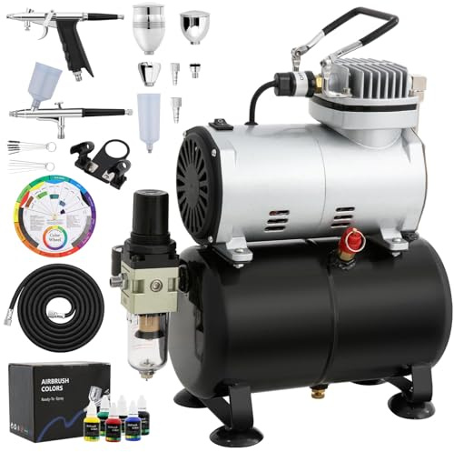 Airbrush-Set mit Kompressor, airbrush-Farb-Set mit 2 Airbrush-Pistolen, Komplett-Ausrüstung mit Manometer, Luftfilter und Zubehör für Malerei und Tattoo-Kunst
