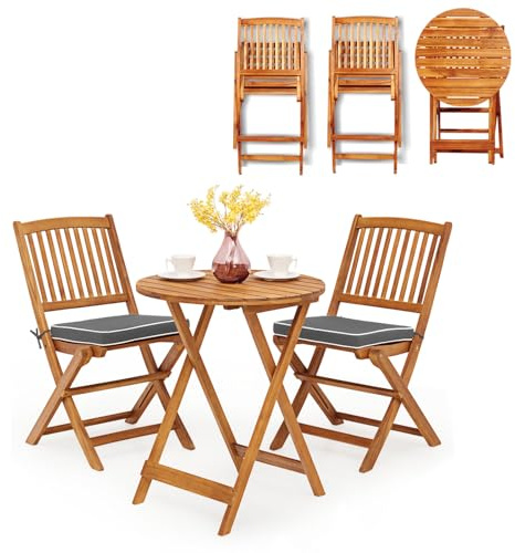KOMFOTTEU Salon de Jardin en Bois d'acacia pour 2 Personnes, Ensemble de Meubles de Jardin, 1 Table & 2 Chaises, Ensemble Pliable de Bistrot pour Balcon, 3 pièces (Coussins Gris)