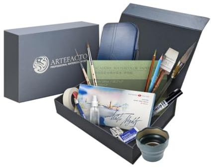 Artefacto Professioneller Aquarellfarben Set, White Nights 24x Aquarellfarben in Tuben, Roubloff Pinsel, 20x Blätter 300 g/m² 100% Baumwolle 31 x 21cm (12.2 x 8.3), Palette und Zubehör in Magnet Box