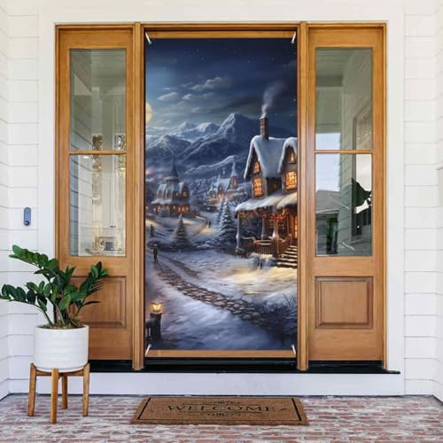 Türabdeckungsdekorationen, Weihnachtsdorf-Türbanner Hintergrund, saisonales Veranda-Türschild, Foto-Hintergrund, Party-Dekoration für Innen- und Außenbereich, Garten, hängende Banner, 80 x 183 cm