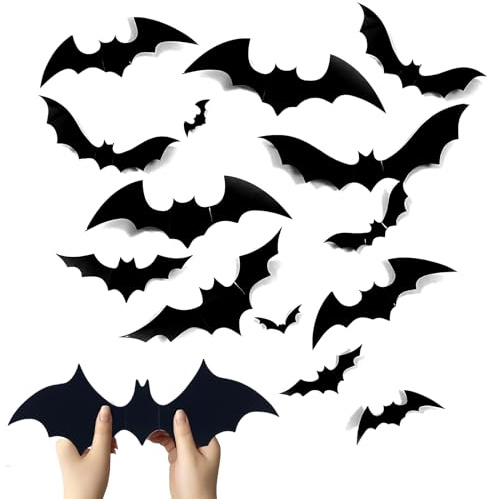 Lotnery 72 Pcs Halloween Bat Decorations - 4 Sizes Black 3D Acrylic Bats Wall Stickers with Template, Reusable Scary Bats for Windows, Walls, Party Decor Indoor Outdoor