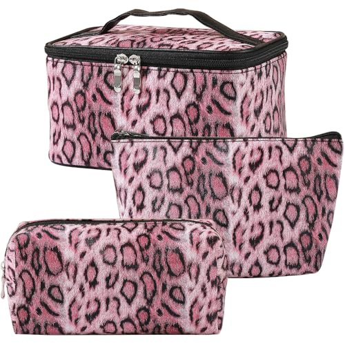 Kaxich 3 Stück Kosmetiktaschen, Kosmetiktasche Set Damen, Kulturtasche Damen Kulturbeutel Make Up Tasche mit Leopardenmuster, Reise Schminktasche für Mädchen Frauen (Rose)