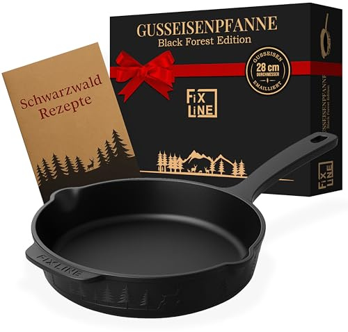 FIXLINE® Gusseisenpfanne in BLACK FOREST Edition 28cm - ORIGINAL - Induktion - Alle Herdarten inkl. Induktion - Emailliert - Kein Einbrennen nötig - Inklusive Rezeptbuch - Perfekte Geschenkidee