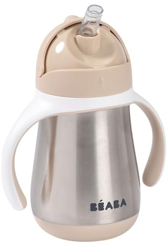 BÉABA, Biberón/Vaso de Aprendizaje/Gourde Bebé 2 en 1 Inox, Vaso con Pajita Niño, 100% Estanca, Antigoteo, Fácil de Abrir, Asas Extraíbles, Acero Inox, Saludable y Resistente, 250 ml, Arcilla