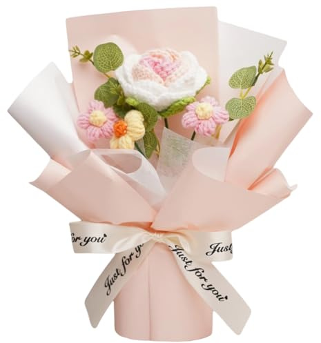 SUNNYCLUE Bouquet di Rose All'Uncinetto, Fiori All'Uncinetto Completati, Sacchetti di Carta, Kit per Maglieria, Rosa, Romantico, Poliestere, Floreale, Fatto A Mano, Regali Finiti per Donne, Compleanno