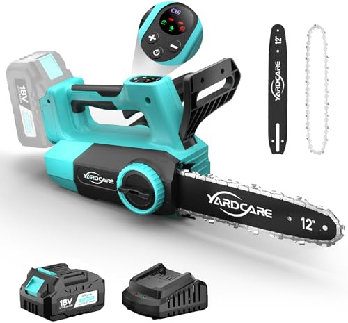 YARDCARE Tronçonneuse sans fil 12 pouces avec écran LED, moteur brushless 1200 W, batterie Li-Ion 4 Ah + chargeur, tension de chaîne sans outil, lubrification automatique, crochet de suspension