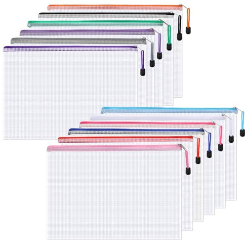 A4 Zip Folders, Lychico Plastic Wallets A4 with Zipper - 12 Pack Waterproof Zip Bags for Documents, 12 Mixed Colours for School, Office, Home Organisation