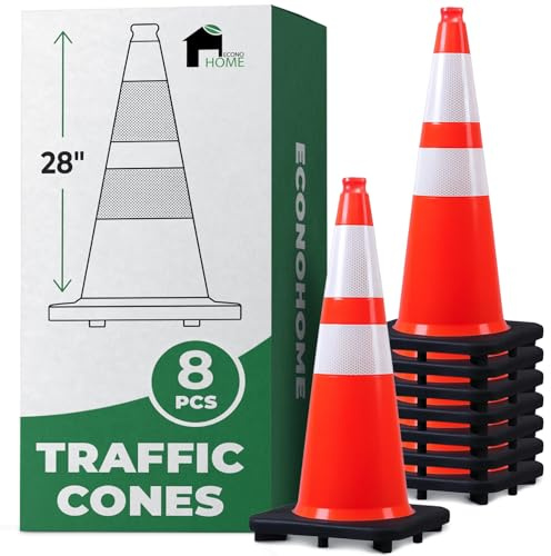 EconoHome 28-Inch Tall, 8-Pack Reflective Traffic Cones - 5.3 lbs Weighted Orange Safety Cones for Parking Lot, Traffic Control, Construction, Road Safety - Heavy Duty Square Base, Flexible PVC
