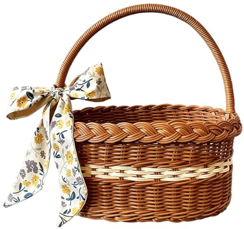 Cestino in Vimini con Manico, Cestino da Picnic Portatile in Rattan con Sciarpa Design Cesto Intrecciato Vintage per Picnic di Pasqua Fiore all'aperto, Marrone, Vimini