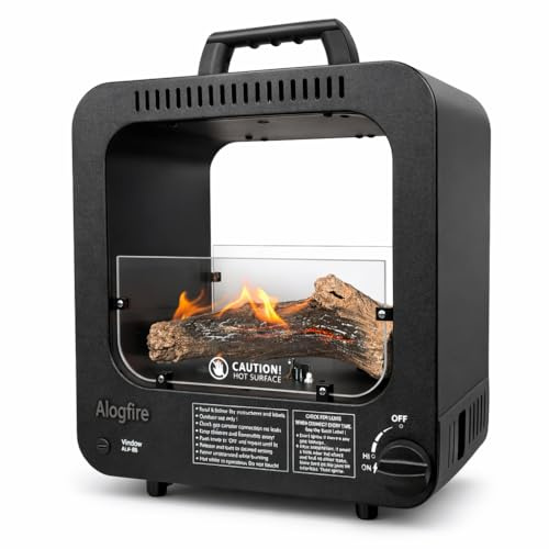 Alogfire TimeTunnel Portable Butane Gas Heater with Top Carry Handle, 2.75KW (9400 BTU) Real Log Flame Outdoor Patio & Caravan Heater, ODS, Tip Over & Flameout Protection, Matte Black