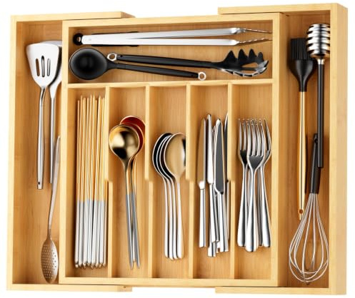 Yirilan Cutlery Drawer Organiser, Wooden Cutlery Tray | Large Extendable Size Bamboo Cutlery Drawer Organiser for Knife, Forks and Cutlery. 29-46 x 34 x 4.6 cm (Large)