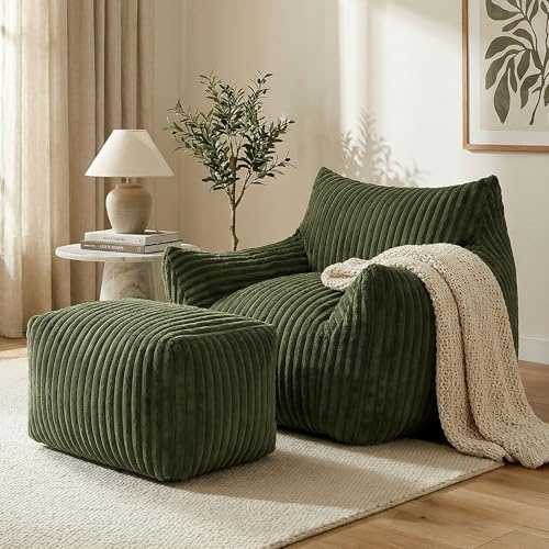 GRAVFORCE Schlafsofa mit Rückenlehne und Fußstütze, XXL Sitzsack Sessel mit Hocker für Erwachsene, Relaxsessel Lazy Sofa, Indoor-Sitzkissen für Schlafzimmer Wohnzimmer, Wintergarten (Grün)