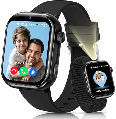 Smartwatch Kinder mit GPS und Telefon, Kinderuhr mit SIM, Videoanrufe, Sprachchat, Schulmodus SOS SMS Schlafmonitor, IP68 Wecker Schrittzähler Taschenlampe Kinder Smartwatch für Mädchen Jungen Schwarz