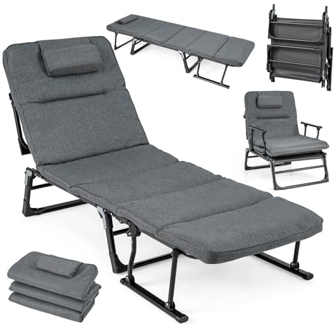 KOMFOTTEU 3 i 1 hopfällbar campingsäng, vilbar enkelsäng med 6-läges justerbart ryggstöd, nackstöd och kudde, bärbar vadderad solstol för trädgård (185 x 61 x 38 cm)