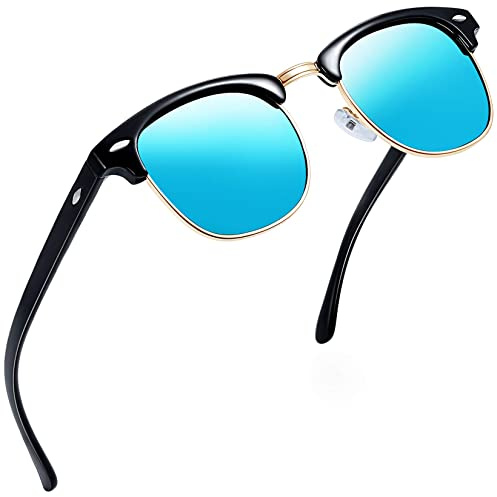 Joopin Rétro Miroir Lunettes de Soleil Polarisées Classique Demi Monture UV400 et Lunettes de Soleil Homme Bleu Glacier