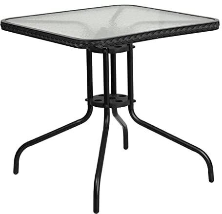 Flash Furniture Balkontisch mit Glasplatte – Rattantisch für Garten, Balkon, Außengastronomie – Klassischer Gartentisch mit Rattan-Kantenband – Schwarz