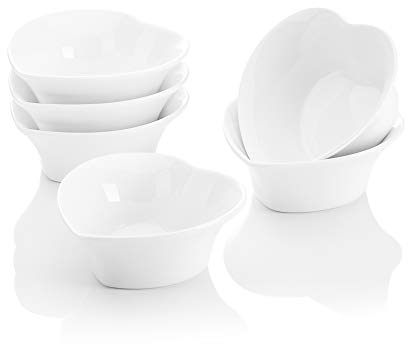 MALACASA, Series Ramekin, Juego de Cuencos 6 pcs, Porcelana Cuencos de Aperitivo/Postre/Tarta 4 Moldes para Galletas Forma de Corazón Marfil Blanco