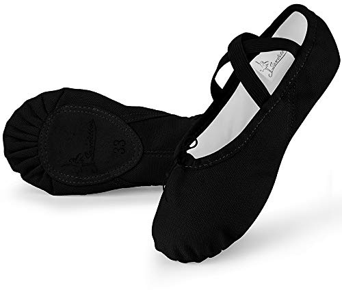 Soudittur Zapatillas Media Punta de Ballet - Calzado de Danza para Niña y Mujer Adultos Negras Suela Partida de Cuero Tallas 35