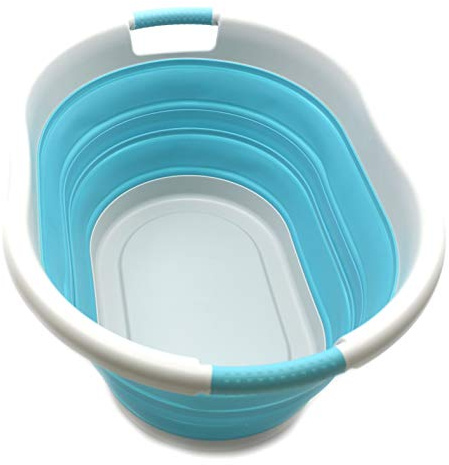 SAMMART 36L Collapsible Plastic Laundry Basket, Water Capacity 28L (Oval, Grau/Hellblau)