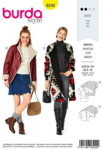 Burda Schnittmuster 6249, Mantel und Jacke [Damen 34-44] zum selber nähen, ideal für Anfänger [L2]