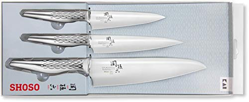 KAI Seki Magoroku Shoso Juego de cuchillos 3 piezas - Cuchillo multiusos de 12 cm, Cuchillo multiusos de 15 cm, Cuchillo de chef de 18 cm - Acero 5CR15MoV 56 (±1) HRC - Mango de acero inoxidable 18-8