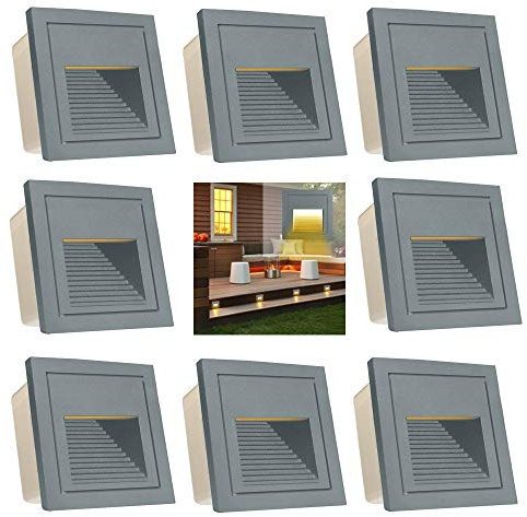 Arotelicht Juego de 8, 3W LED Aplique de pared empotrable 230V Blanco Cálido 230V IP65 impermeable gris (para escaleras Luz Iluminación Lámpara, aluminio