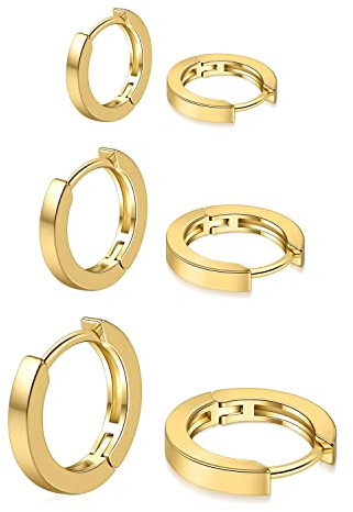 micuco 3 Pairs Small 14K Gold Plated Hoop Earrings for Women, 14K Gold Plated Huggie Hoop Earrings for Men, Small Hoops Cartilage Tiny Hypoallergenic Earring Set 8mm 10mm 12mm