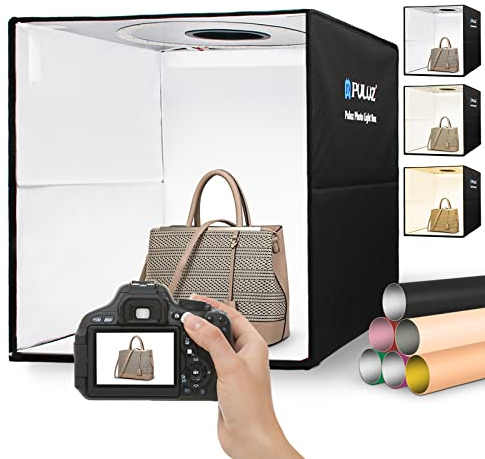 PULUZ Photo Studio Light Box 40cm, 16x16 Studio Box, Dimmable Light Box Photography Kit with 3 Colors Temperatures 160 LEDs Lights 6500k & USB-C &12 Photo Backgrounds for Product Photography