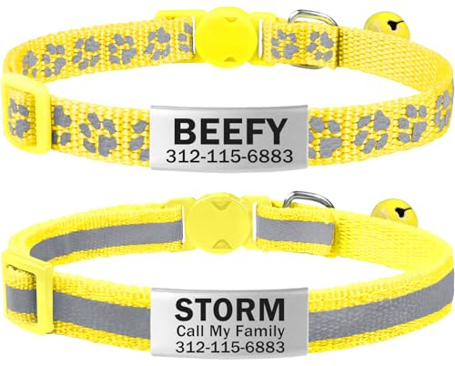 TagME 2er Pack Katzenhalsband mit Namen und Telefonnummer, Katzenhalsband mit Sicherheitsverschluss und glöckchen, 18-31 cm für Katzen, Gelb