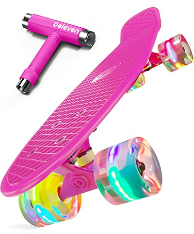 Deleven Skateboard mit LED Rollen, Skate Tool und ABEC 7 Lager - Kinder Erwachsene Anfänger - 56 cm