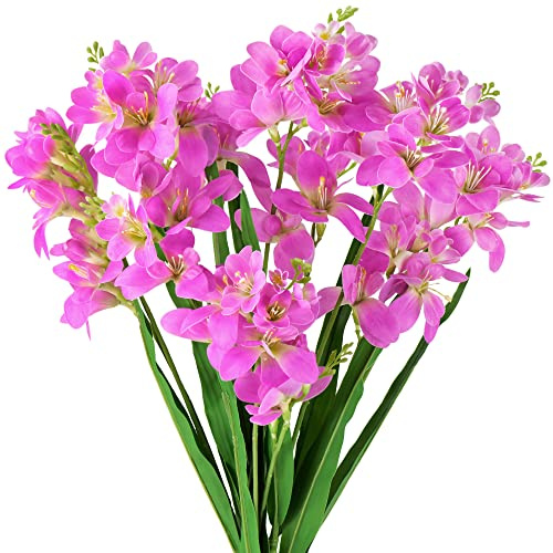 FiveSeasonStuff Real Touch Tall Freesia Artificial Flowers Arrangements (6 Stems) Bridal Wedding Bouquet & Floral Decorations for Home Décor (Magenta)