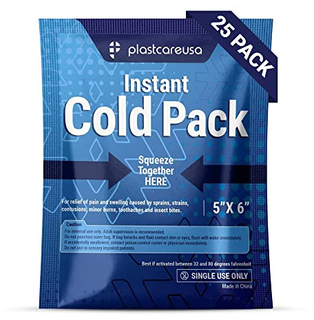 25 Pack 5 x 6 Disposable Ice Packs for Injuries, Swelling, Muscle & Joint Aches, Sprains & Abrasions - Easy to Use Disposable Cold Compress for Pain Relief - PlastCare USA Instant Cold Packs