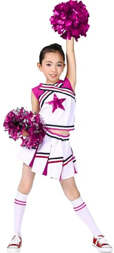 LOLANTA Mädchen Karneval Kostüm, Cheerleader kleid mit Pompoms und Socken, Mittelschule Cheerleading Uniform, Rosa, 6-7 Jahre, 130