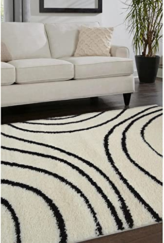 Modern Style Rugs Cosy Shaggy Black Cream Textured Wavy Rug. High Pile Rug, Soft Touch Area Rug Suitable for any Living Space Large Lounge - 160x230cm