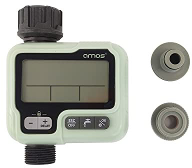 AMOS Digital Water Timer – Programmable Garden Irrigation Controller with LCD, Auto/Manual Modes, Rain Delay, Child Lock – Hose Sprinkler System for Lawn, Plants & Outdoor Watering