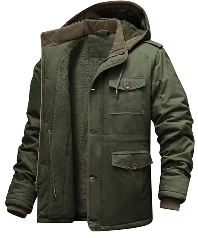 CHEXPEL Men's Winter Jackets with Removable Hood Fleece Lined Cotton Military Work Jackets Outerwear Coats with Pockets Army Green L