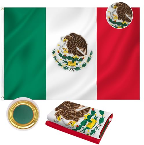 Bandera mexicana de 3 x 5 pies para exteriores, tela Oxford 210D resistente, bandera de México bordada, águila, serpiente y cactus, bandera de México Mexicana, bandera nacional MX para pared, interior