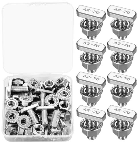 Set di bulloni a T M8 x 20 mm, 20 bulloni a testa a martello in acciaio inossidabile, viti con scanalatura a T, con 20 dadi flangiati per estrusione di alluminio, profilo in alluminio, montaggio