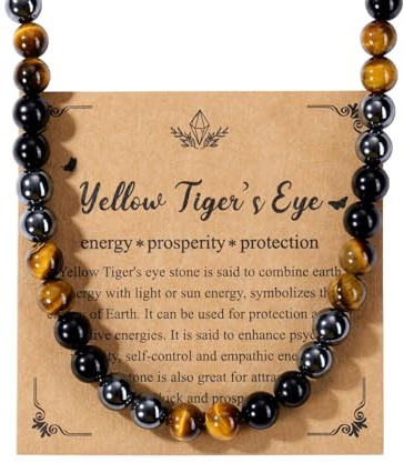 Jovivi 8mm Mens Healing Crystal Black Obsidian Tigers Eye Hematite Beaded Necklace Natural Stone Beads Necklace Triple Protection Jewelry Gifts for Men Stress Relief,Balance