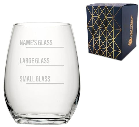 Personalised Engraved Stemless Amber Wine Glass with Name's Glass Bold Measurements Design, Customise with Any Name for Any Occasion, Laser Engraved, Gift Box Included