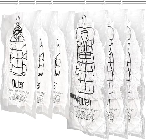 6Pcs Hanging Vacuum Storage Bags for Coats, Vacuum Bag, Closet Organizer, Sealed Storage, Vacuum Sealer Bags, Space Bag for Garment, Clothing, Dress, Suit, Long Coat, Jacket