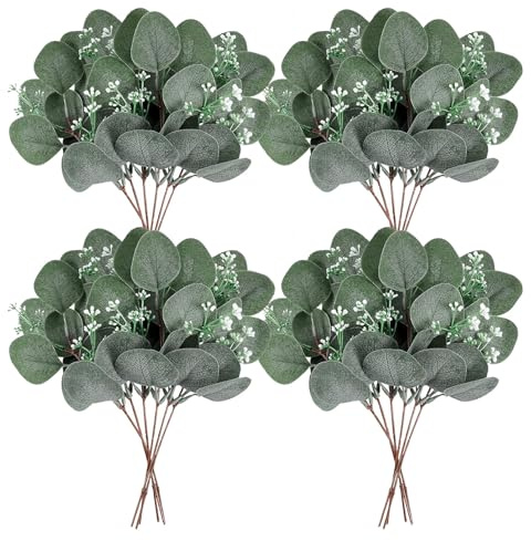 OSQI 24 Stück Kunstblumen Eukalyptus Deko, Eukalyptus künstlich Zweige Trockenblumen Deko,Kunstpflanzen Grün Gefälschte Pflanze für Hochzeit, Haus,Garten,Office,Büro Dekoration