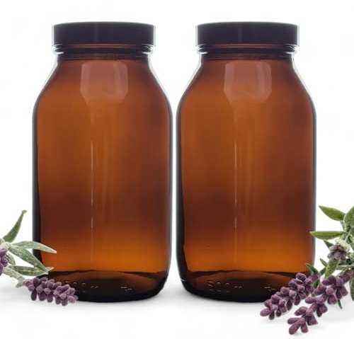 AVALON - Pack 2 - Amber Glass 500ml Storage Jars, Recycled Glass Pill Jars Storage/Display Containers with Black Bakelite Caps, Perfect to Store Grains, Pulses, Dried Good or Decorative Items
