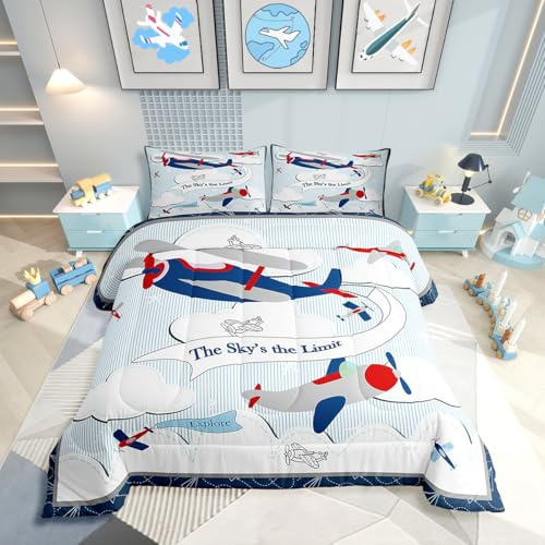 Erosebridal Helicopter Comforter Baby Nursery Toddler Bedding Set for Boys Airplane Bed Comforter Set, Cartoon Aircraft Blue Plane Sketch Lines Duvet Set with 1 Pillowcase Toddler Size