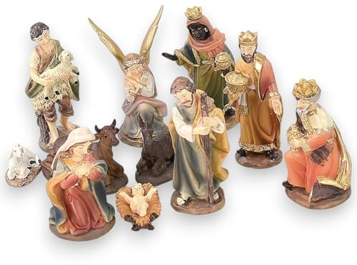 Generico Aurora Store Set Mini Natività Classica Presepe Statuine in Resina con 11 soggetti Personaggi da h. 5 cm Giuseppe Maria Gesù Bambino Re Magi Asinello Bue